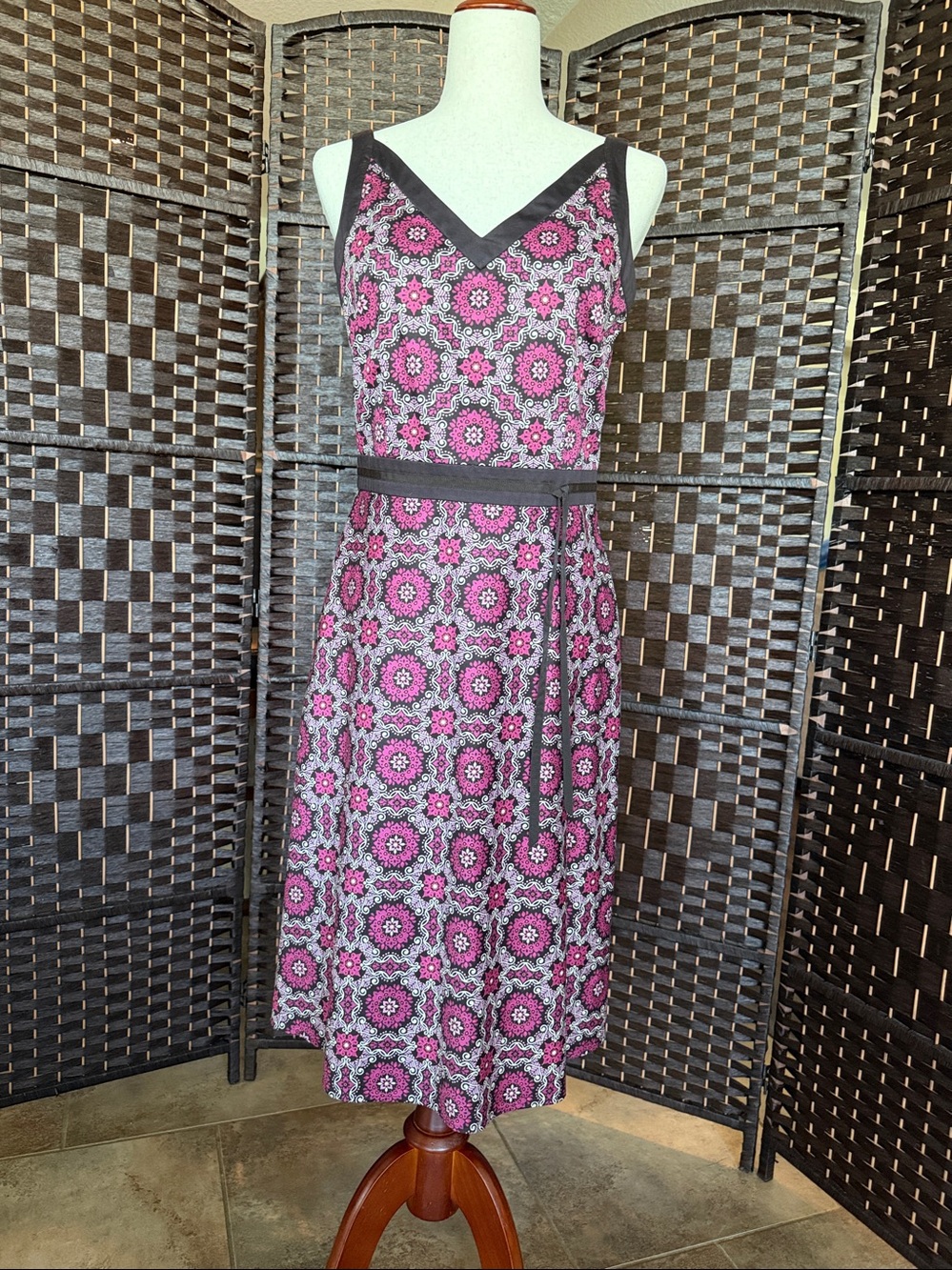 LOFT Pink & Brown  Sundress Dress Sleeveless V-Neck
